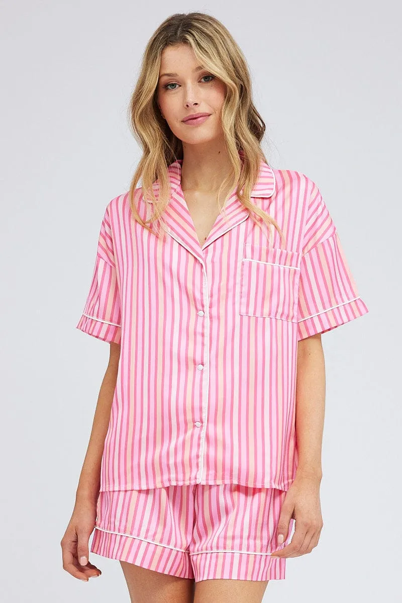 Pink Stripe Stripe PJ Satin Contrast Piping Pyjama Set sold by Ally Fashion product image thumbnail 3