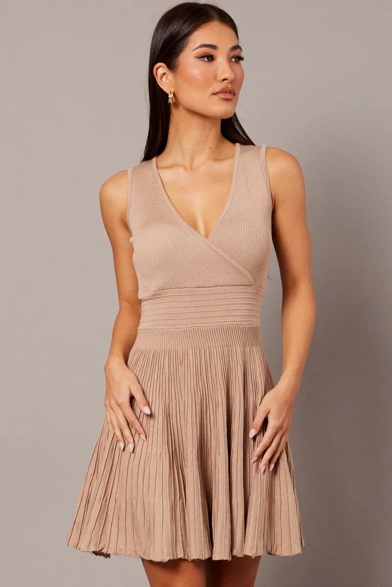 Beige Knit Dress Sleeveless Fit and Flare sold by Ally Fashion