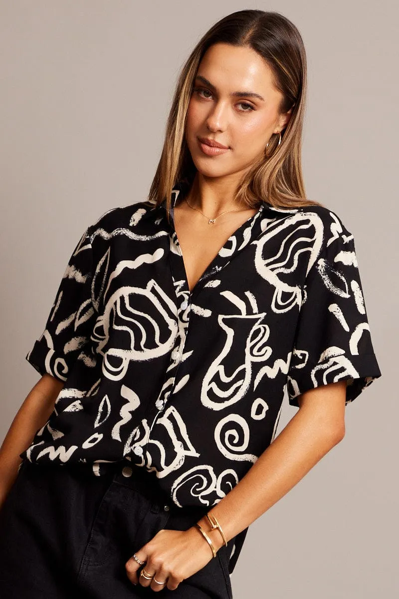 Black Abstract Relaxed Shirt Short Sleeve V-Neck sold by Ally Fashion product image thumbnail 3