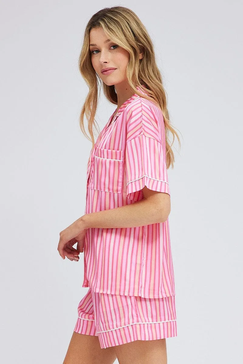Pink Stripe Stripe PJ Satin Contrast Piping Pyjama Set sold by Ally Fashion product image thumbnail 4
