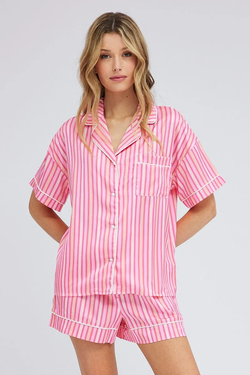 Pink Stripe Stripe PJ Satin Contrast Piping Pyjama Set sold by Ally Fashion