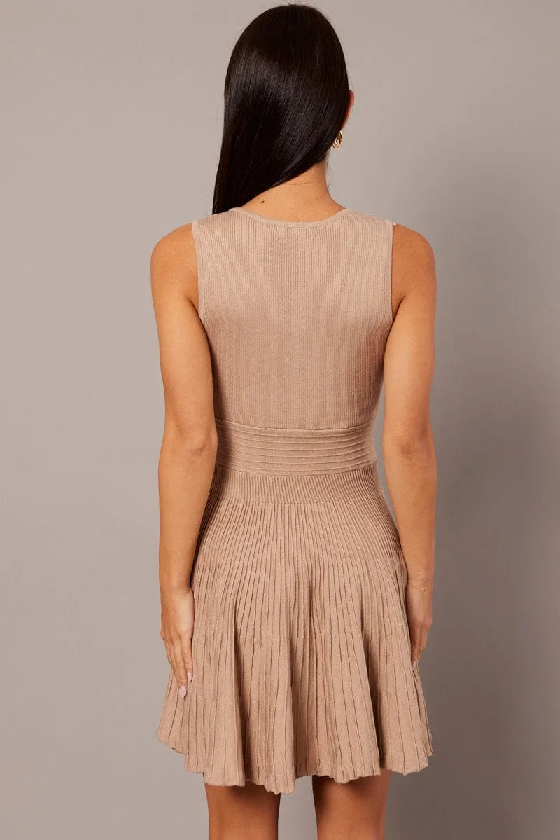 Beige Knit Dress Sleeveless Fit and Flare sold by Ally Fashion product image thumbnail 5