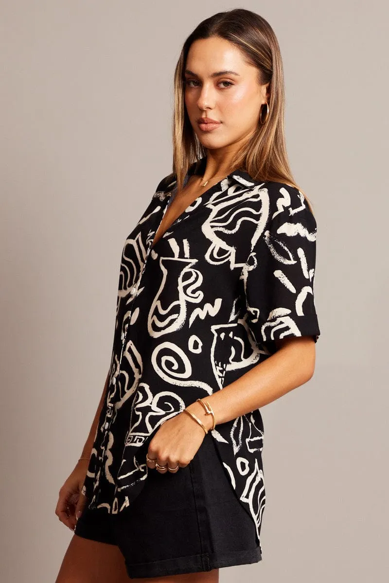 Black Abstract Relaxed Shirt Short Sleeve V-Neck sold by Ally Fashion product image thumbnail 4