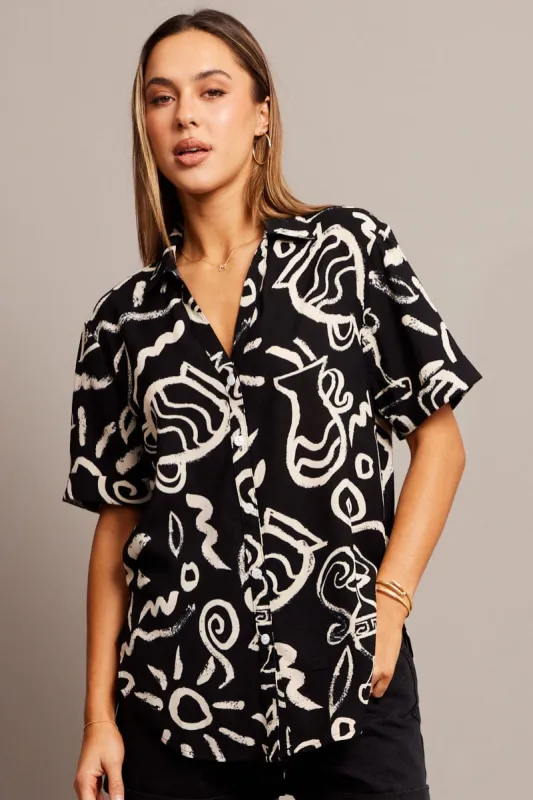 Black Abstract Relaxed Shirt Short Sleeve V-Neck sold by Ally Fashion