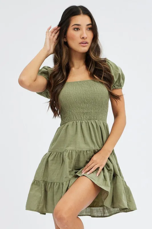 Green Fit and Flare Dress Short Sleeve Shirred sold by Ally Fashion