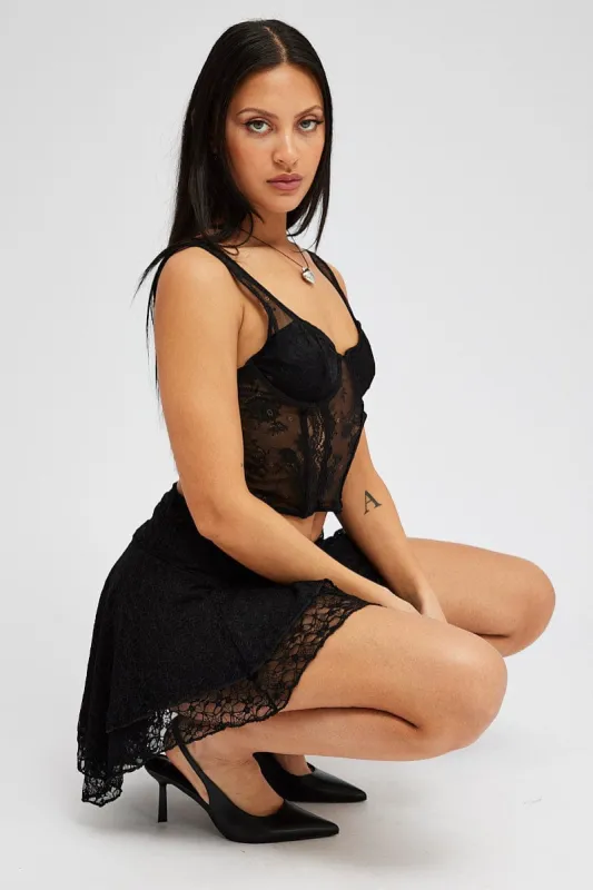 Black Mini Skirt Asymmetric Lace sold by Ally Fashion