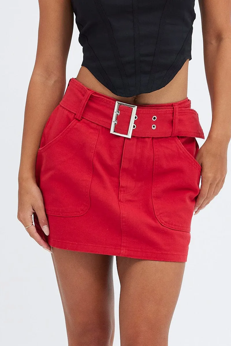 Red Mini Skirt Low Rise Belted Cotton Blend sold by Ally Fashion product image thumbnail 2