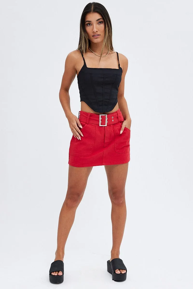 Red Mini Skirt Low Rise Belted Cotton Blend sold by Ally Fashion product image thumbnail 3