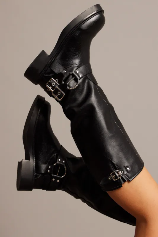 Black Buckle Detail Biker Boots sold by Ally Fashion