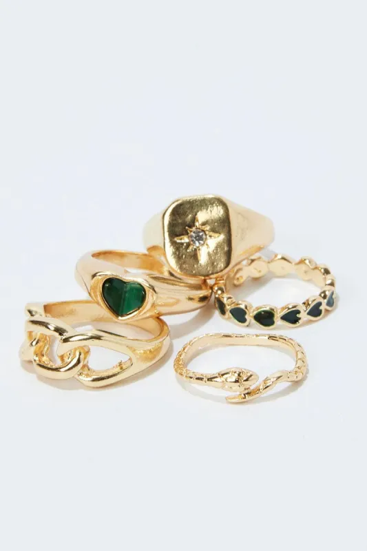 Gold 5 Pack Rings Set sold by Ally Fashion