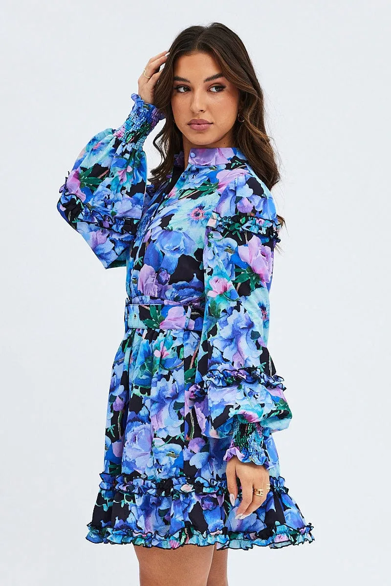Multi Floral Ruffle Balloon Sleeve Button Skater Dress sold by Ally Fashion product image thumbnail 4