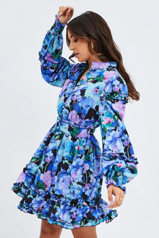 Multi Floral Ruffle Balloon Sleeve Button Skater Dress sold by Ally Fashion