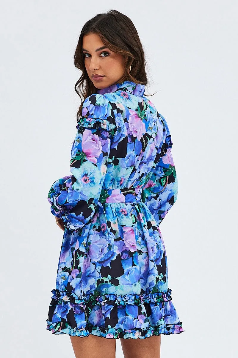 Multi Floral Ruffle Balloon Sleeve Button Skater Dress sold by Ally Fashion product image thumbnail 5
