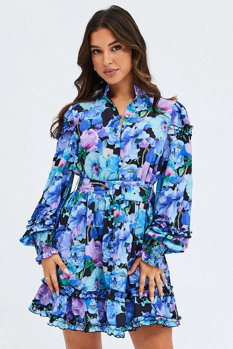 Multi Floral Ruffle Balloon Sleeve Button Skater Dress sold by Ally Fashion product image thumbnail 3