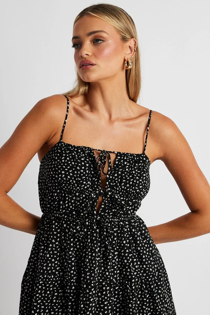 Black Ditsy Fit And Flare Dress Strappy sold by Ally Fashion
