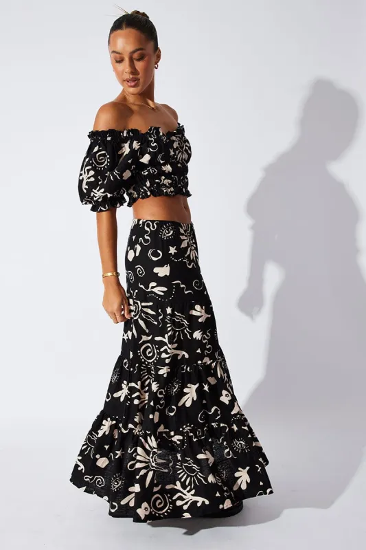 Black Abstract Maxi Skirt High Rise Linen Blend sold by Ally Fashion