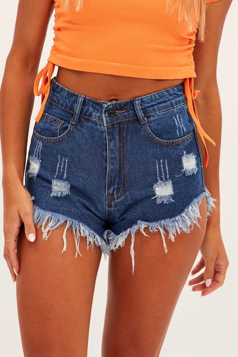 Blue Denim Shorts High Waist Ripped sold by Ally Fashion product image thumbnail 2