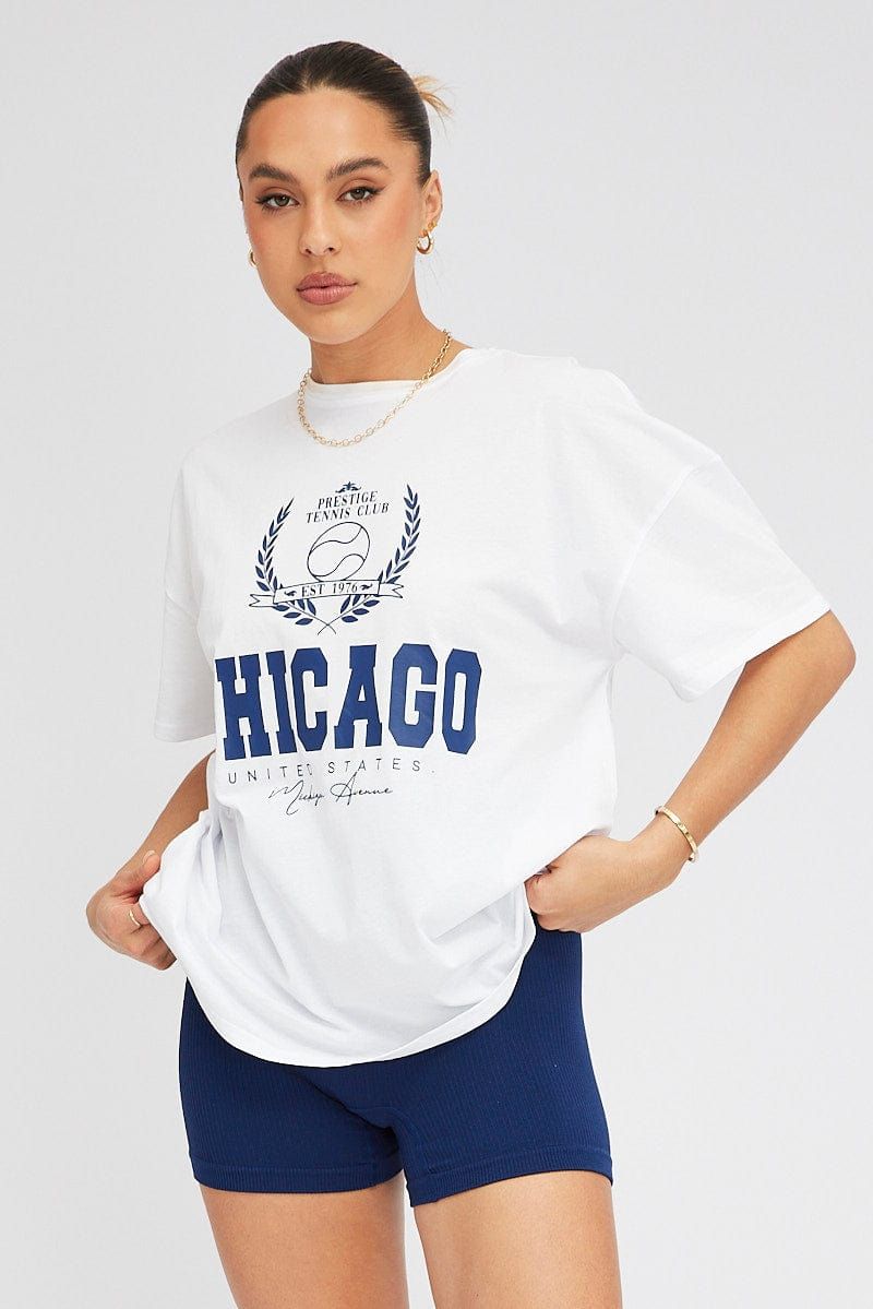 White Graphic tee Chicago Tennis Slogan Oversize t-shirt sold by Ally Fashion
