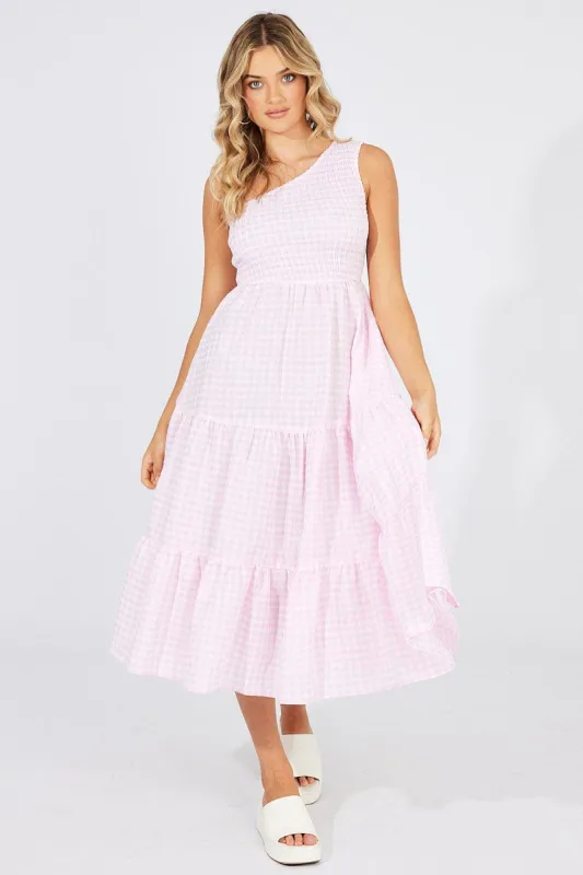 Pink Check Midi Dress One Shoulder sold by Ally Fashion