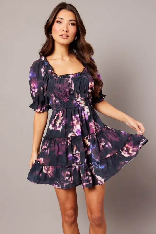 Purple Floral Fit And Flare Dress Puff Sleeve Mini sold by Ally Fashion