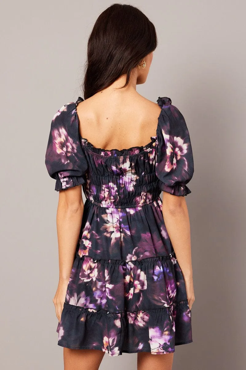 Purple Floral Fit And Flare Dress Puff Sleeve Mini sold by Ally Fashion product image thumbnail 5