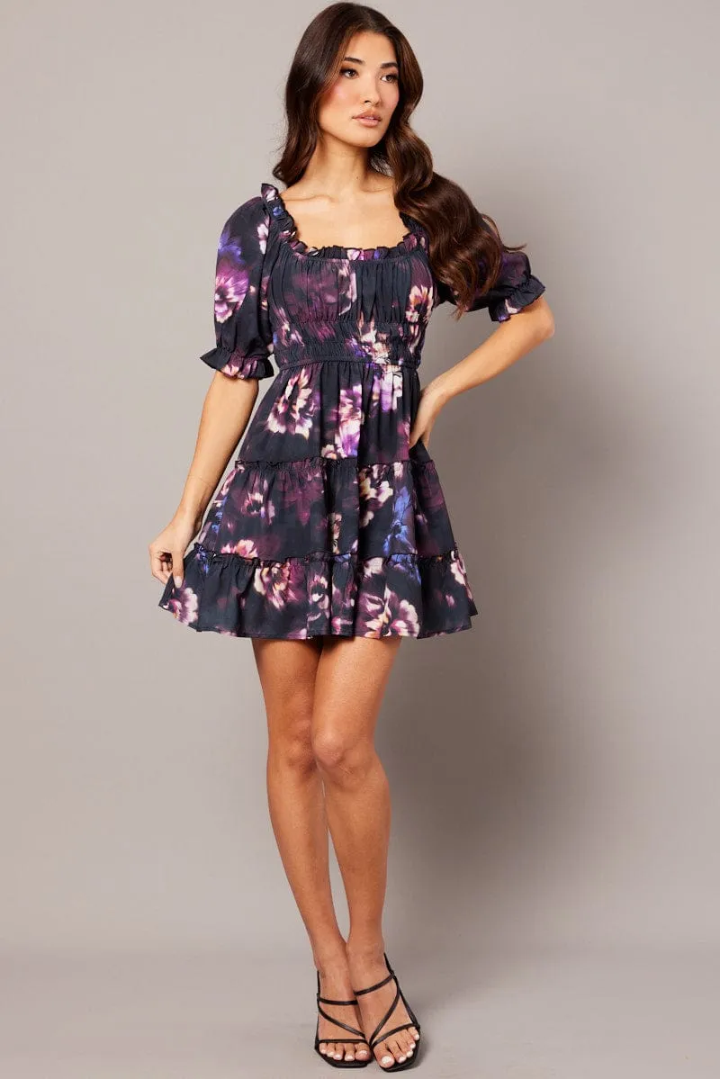 Purple Floral Fit And Flare Dress Puff Sleeve Mini sold by Ally Fashion product image thumbnail 2