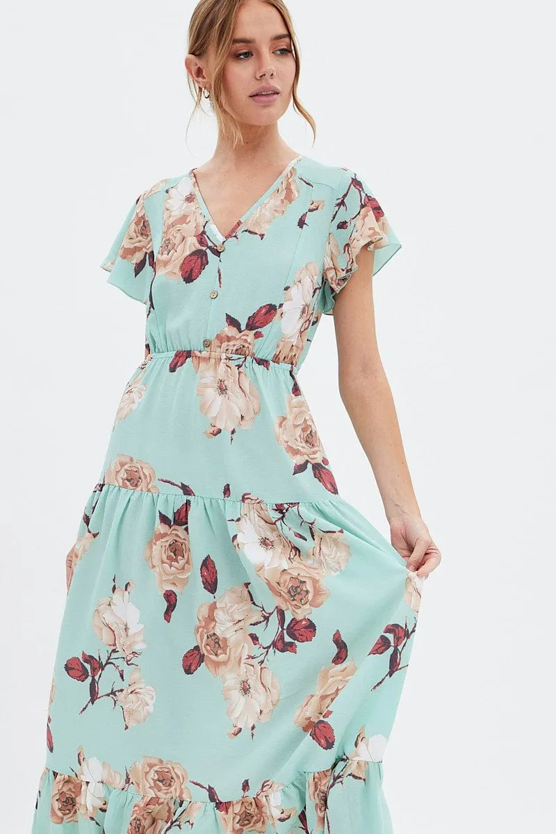 Green Floral Floral Bell Sleeve Maxi Dress sold by Ally Fashion product image thumbnail 2