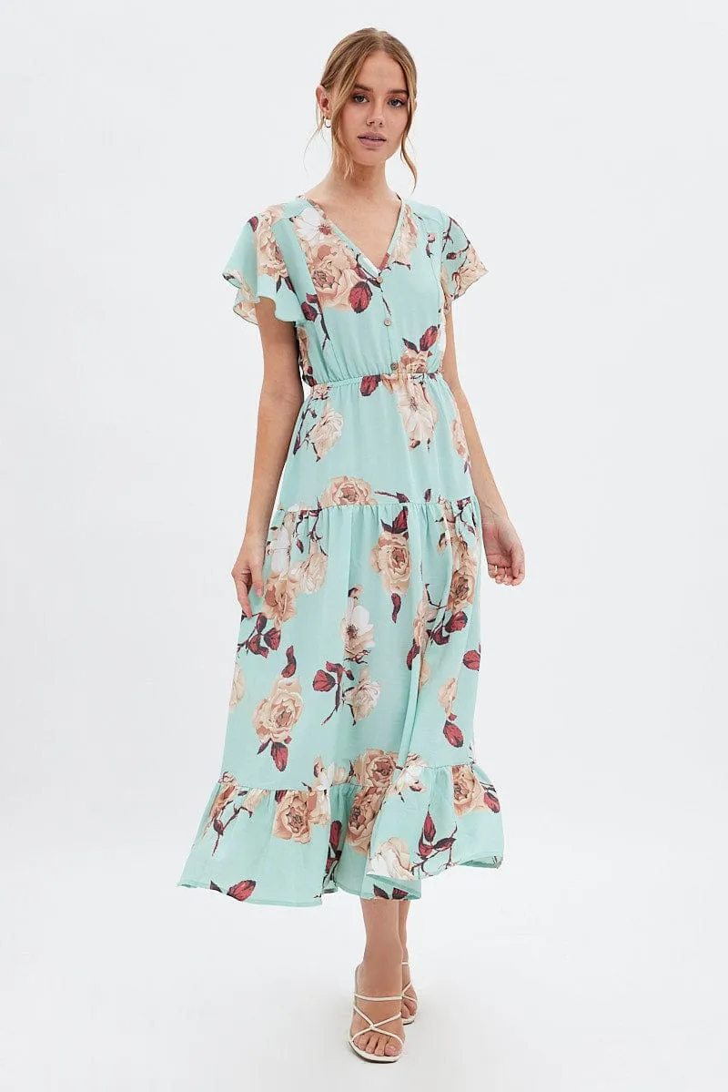 Green Floral Floral Bell Sleeve Maxi Dress sold by Ally Fashion product image thumbnail 3