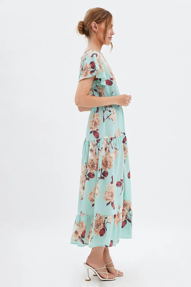 Green Floral Floral Bell Sleeve Maxi Dress sold by Ally Fashion product image thumbnail 4