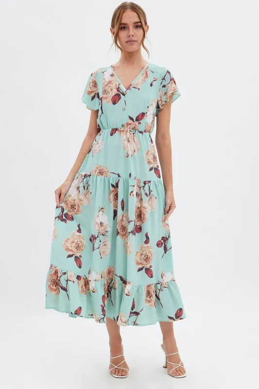 Green Floral Floral Bell Sleeve Maxi Dress sold by Ally Fashion