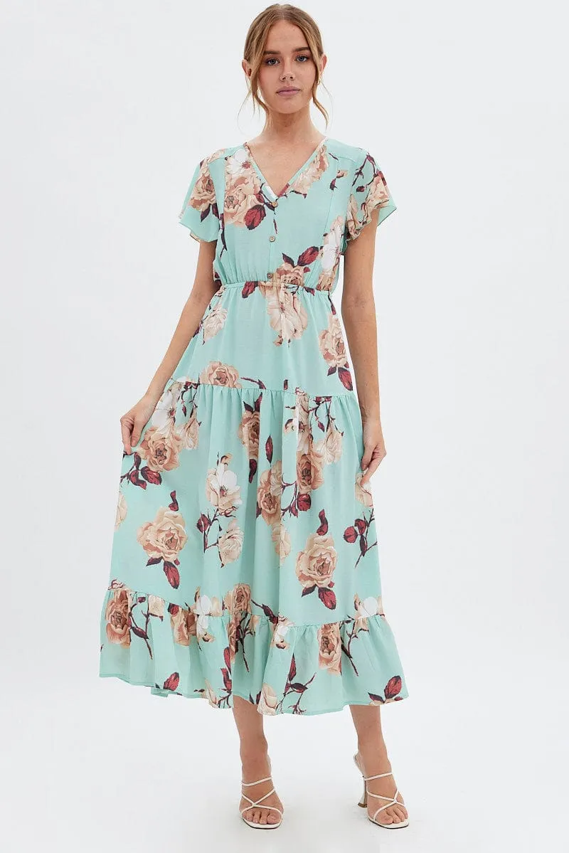 Green Floral Floral Bell Sleeve Maxi Dress sold by Ally Fashion