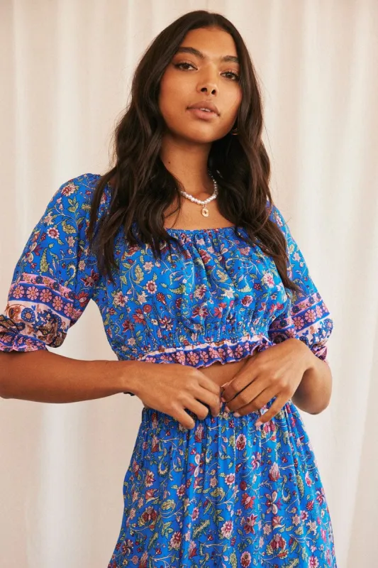 Blue Crop Top Half Sleeve Square Neck Frill Hem sold by Ally Fashion