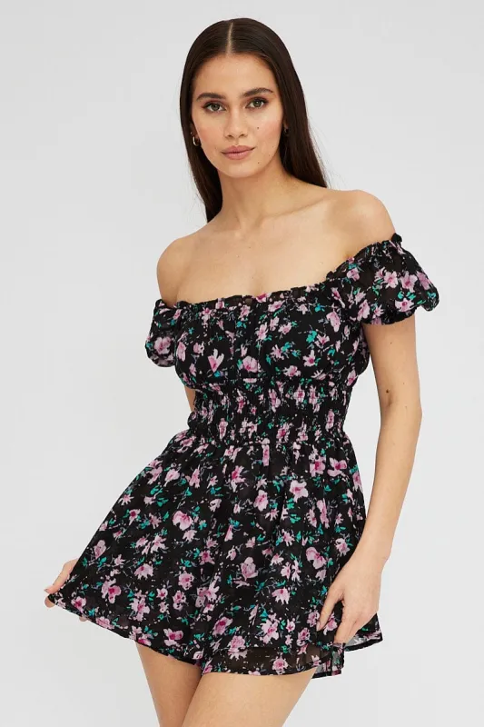 Black Ditsy Playsuit Short Sleeve Shirred Waist sold by Ally Fashion