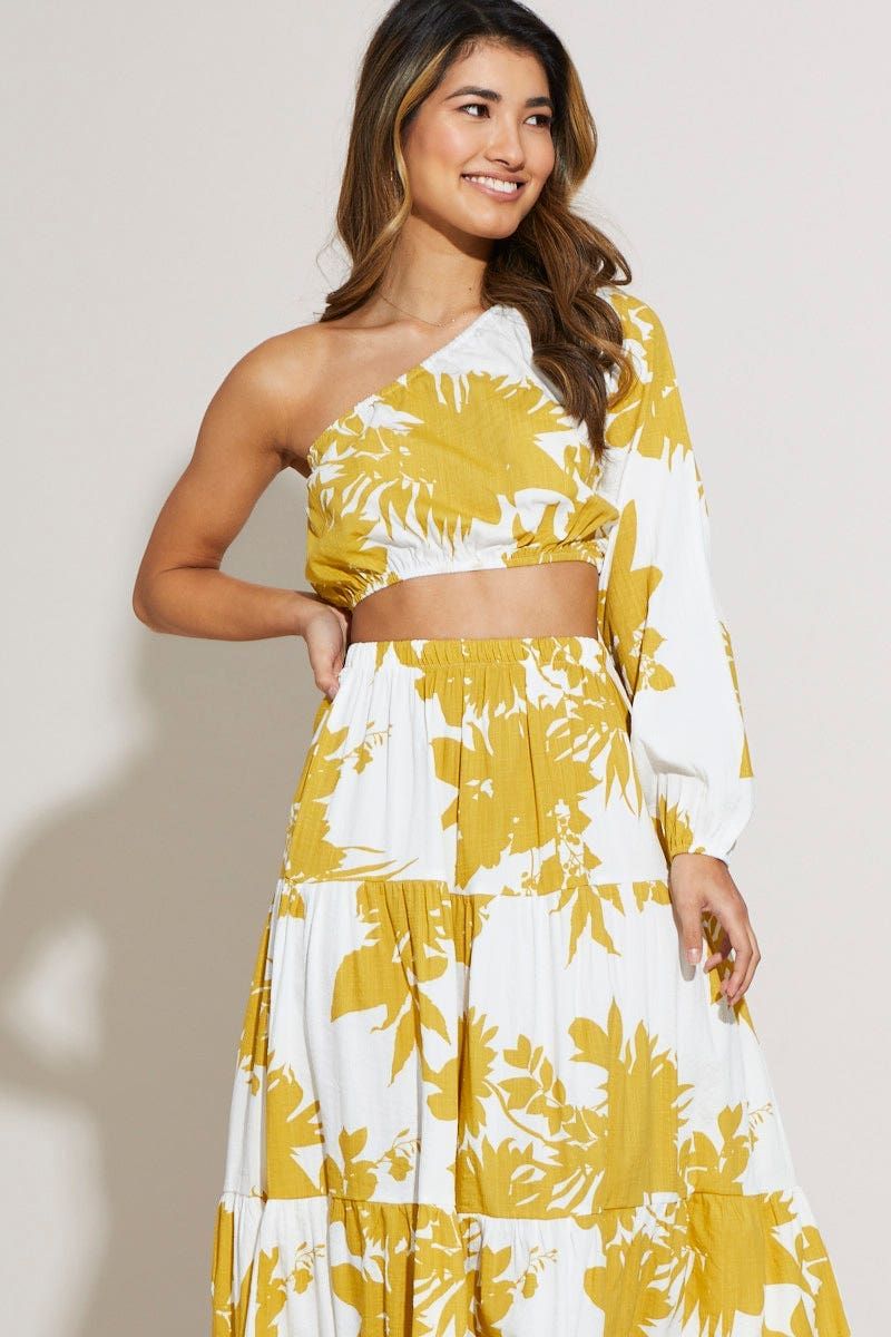 Print Crop Top One Shoulder Long Sleeve sold by Ally Fashion
