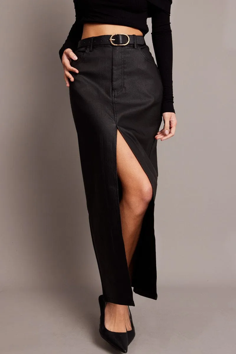 Black Midi Skirt High Rise Coated Fabric sold by Ally Fashion