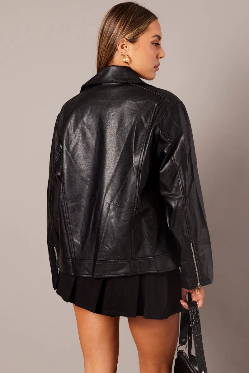 Black Jacket Long Sleeve Collared Faux Leather sold by Ally Fashion product image thumbnail 5