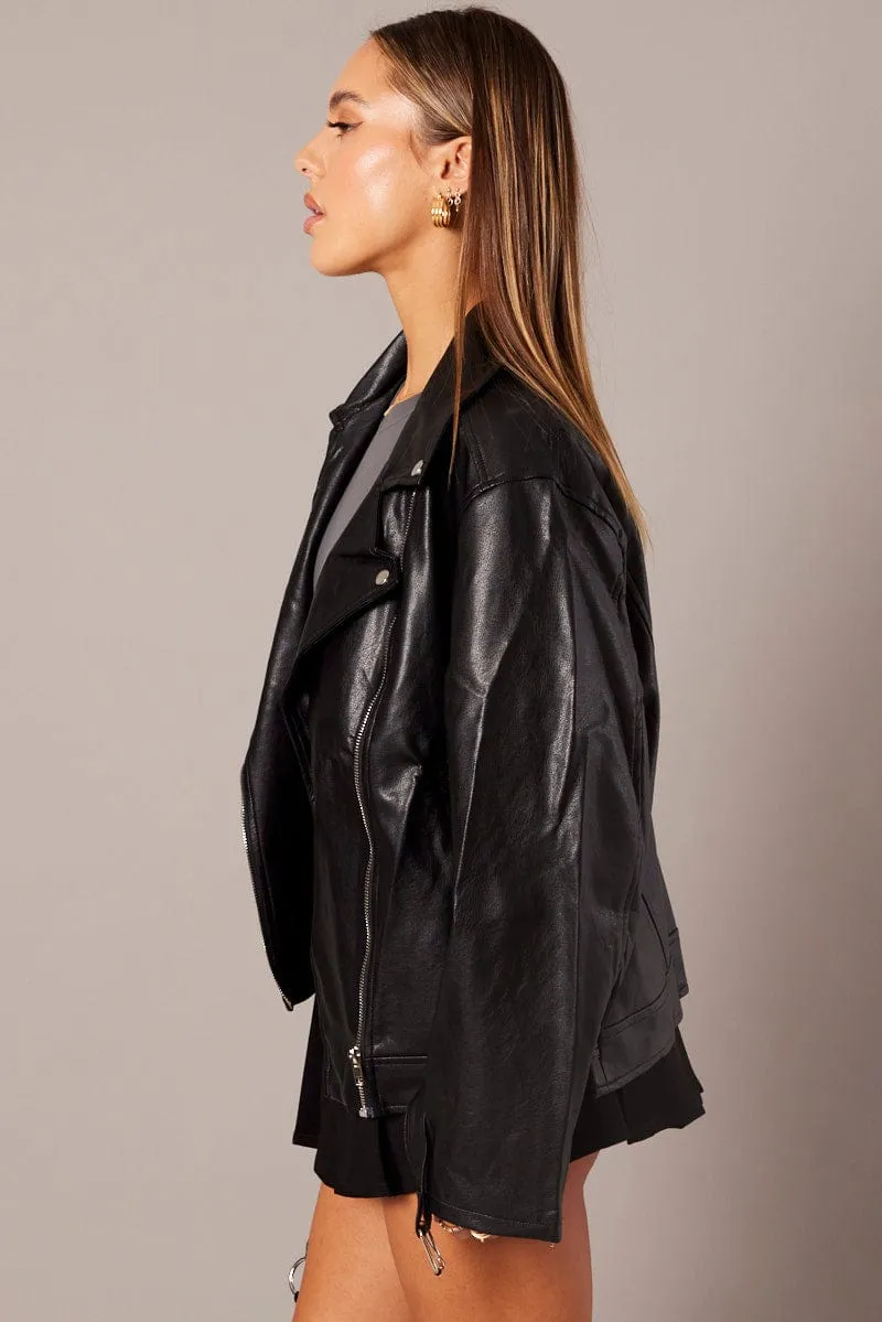 Black Jacket Long Sleeve Collared Faux Leather sold by Ally Fashion product image thumbnail 4