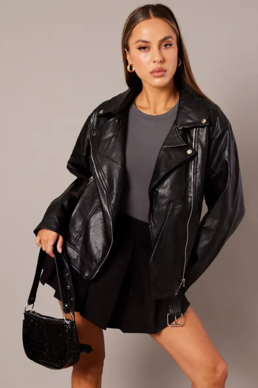 Black Jacket Long Sleeve Collared Faux Leather sold by Ally Fashion