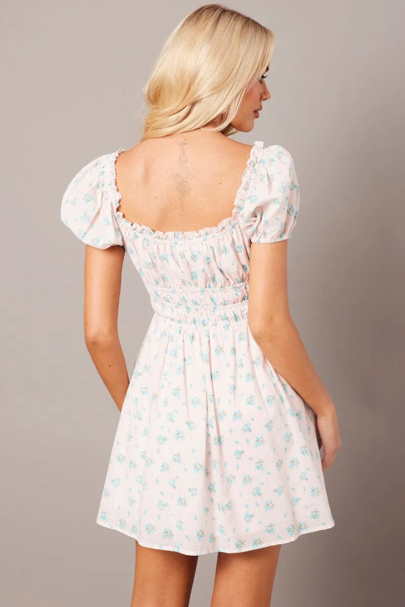 Pink Ditsy Fit And Flare Dress Puff Sleeve sold by Ally Fashion product image thumbnail 5