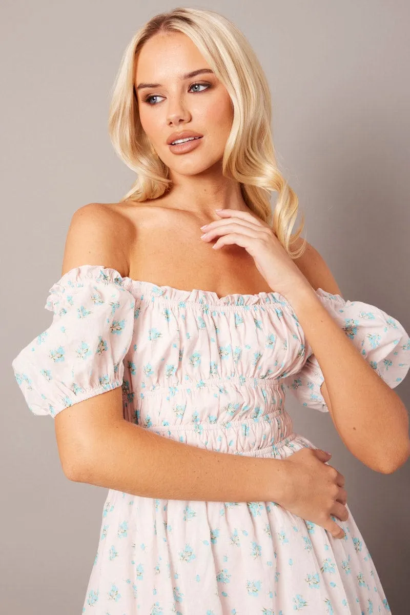 Pink Ditsy Fit And Flare Dress Puff Sleeve sold by Ally Fashion product image thumbnail 2