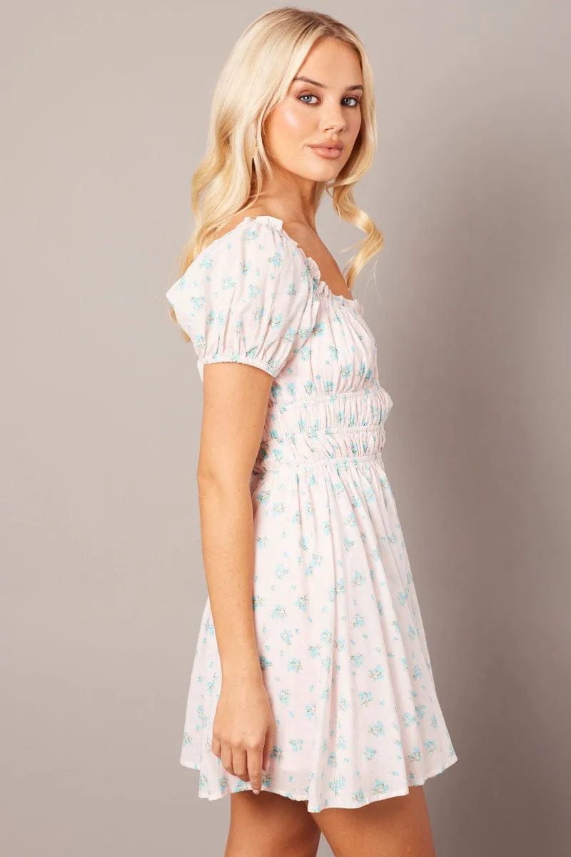 Pink Ditsy Fit And Flare Dress Puff Sleeve sold by Ally Fashion product image thumbnail 4