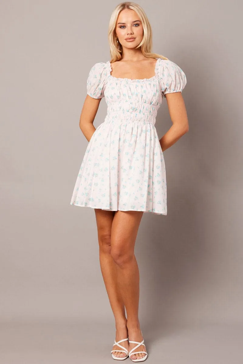 Pink Ditsy Fit And Flare Dress Puff Sleeve sold by Ally Fashion