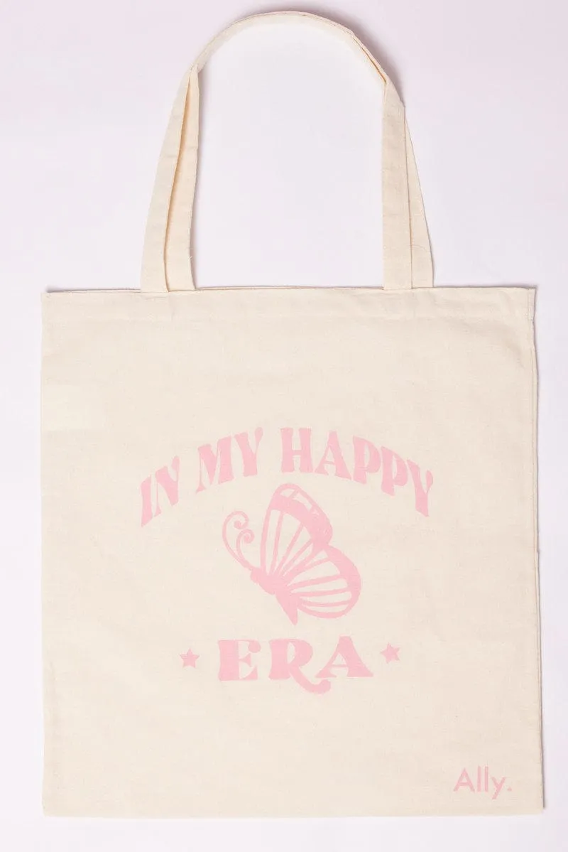 Pink Print Tote Bag Printed Happy Vibes sold by Ally Fashion
