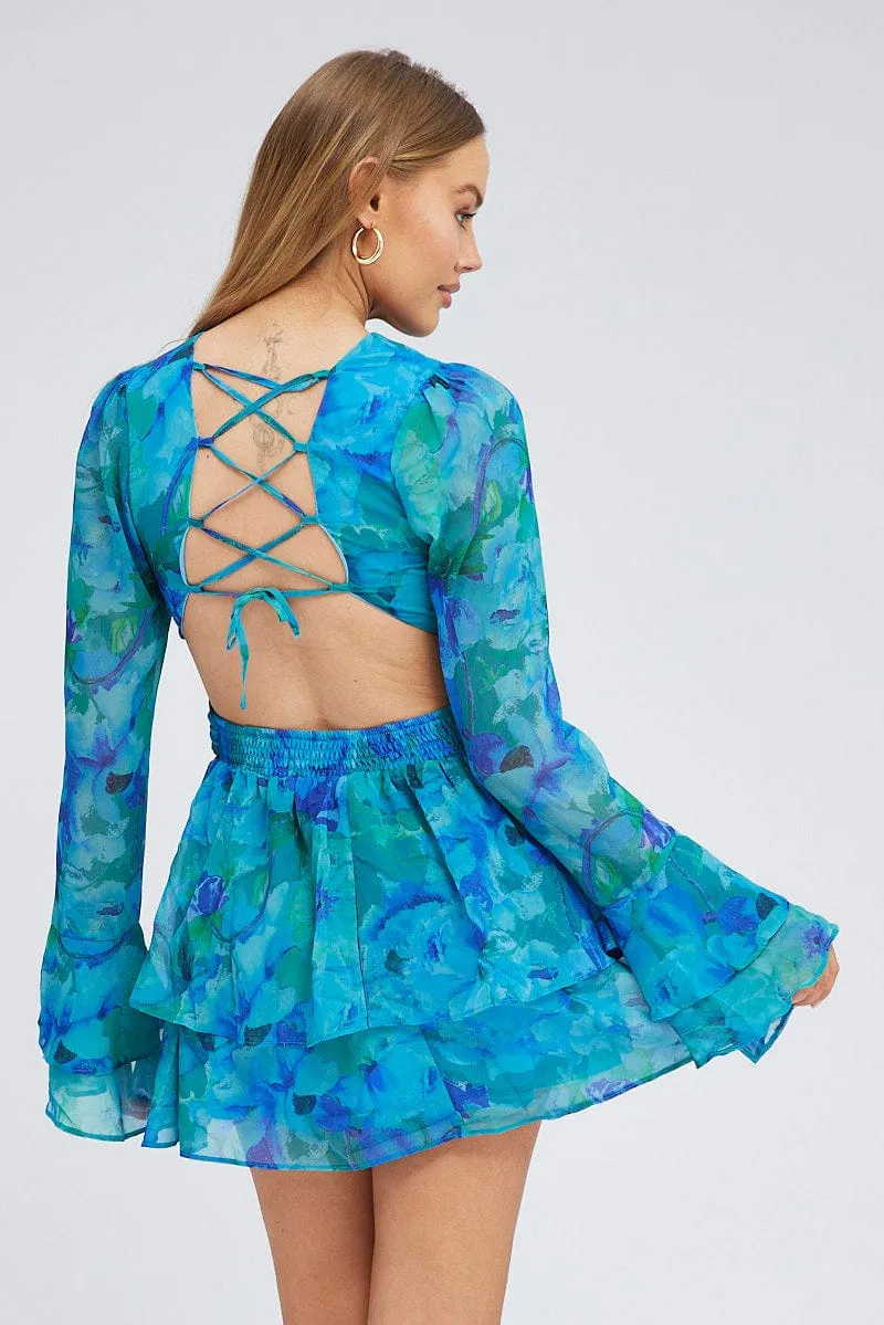 Blue Floral Dress Balloon Sleeve Lace Up Back Ring Chiffon sold by Ally Fashion product image thumbnail 5