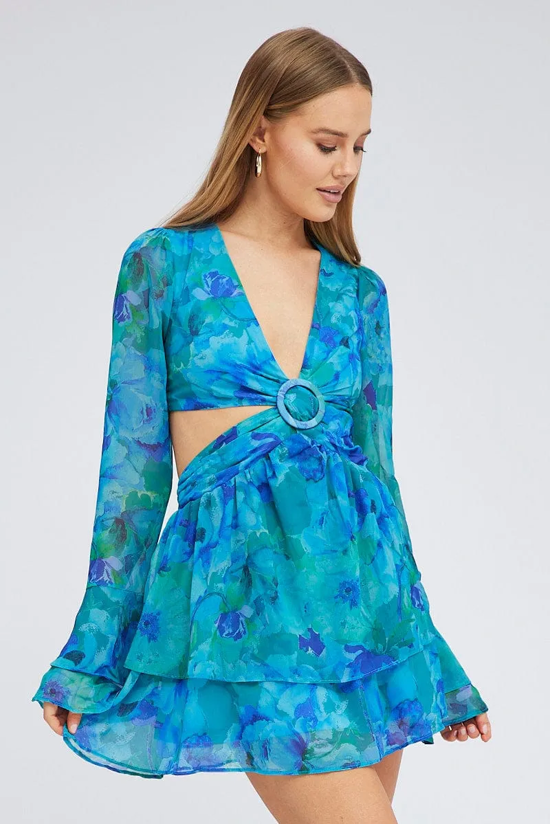 Blue Floral Dress Balloon Sleeve Lace Up Back Ring Chiffon sold by Ally Fashion product image thumbnail 3