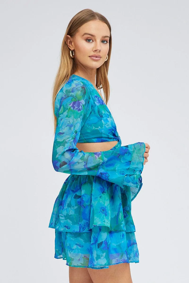 Blue Floral Dress Balloon Sleeve Lace Up Back Ring Chiffon sold by Ally Fashion product image thumbnail 4