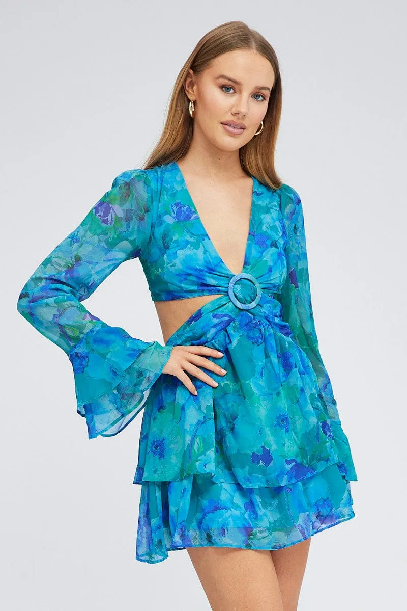 Blue Floral Dress Balloon Sleeve Lace Up Back Ring Chiffon sold by Ally Fashion