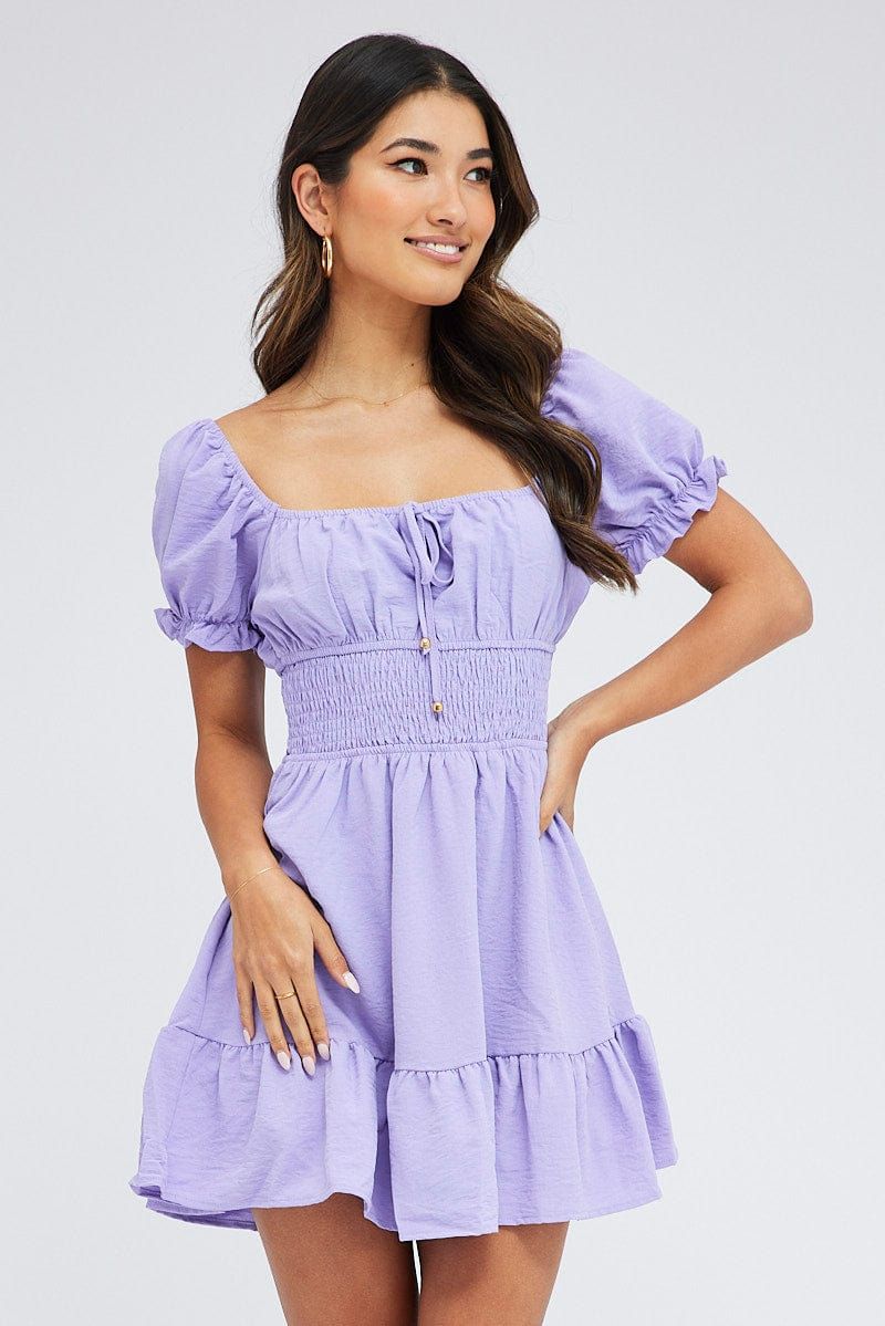 Purple Floral Fit And Flare Dress Puff Sleeve Mini sold by Ally Fashion product image thumbnail 3