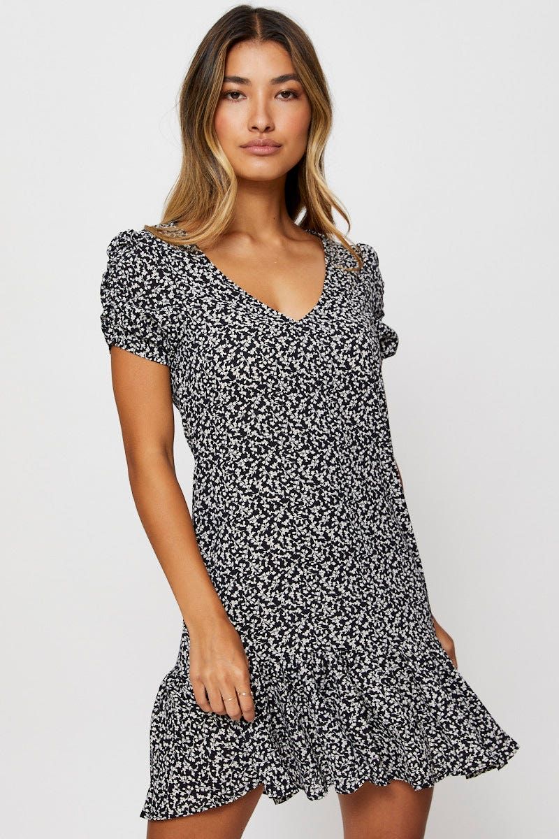 Print Fit And Flare Dress Short Sleeve V Neck sold by Ally Fashion