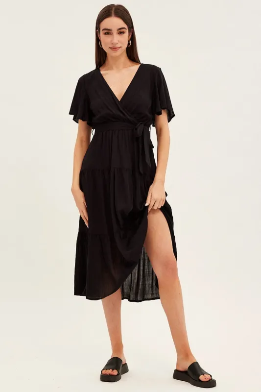 Black Tie Waist Tiered Midi Dress sold by Ally Fashion